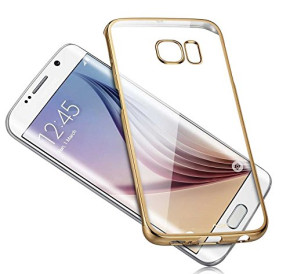 Луксозен силиконов гръб ТПУ кристално прозрачен за Samsung Galaxy S6 Edge G925 златен кант